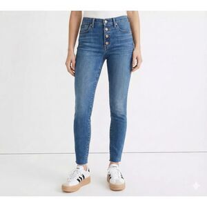 Madewell 9" Mid-Rise Skinny Jeans 29 Button Fly Raw Hem Stretch Denim Blue